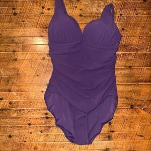 Lands End plum purple ruched 12 modest one piece swimsuit